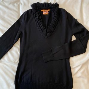 Tory Burch Black V-Neck Sweater with Ruffle Accent